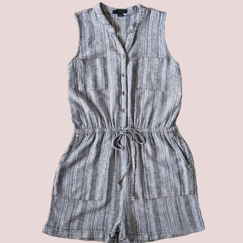 Gray Linen Shorts Romper Sleeveless Pockets Lightweight Summer High Waisted Med.